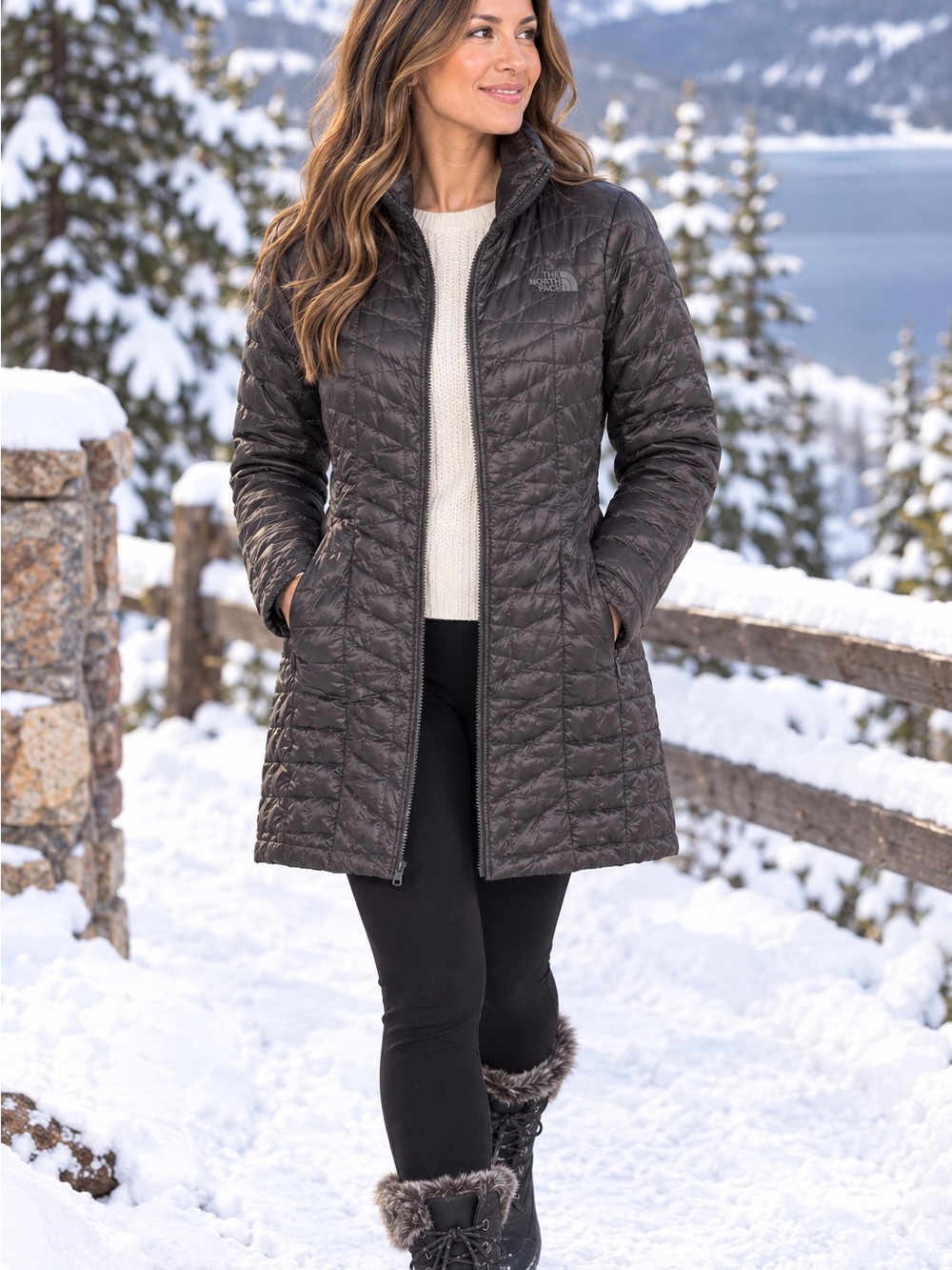 The North Face Women's Quilted Long Puffer Coat - Charcoal Gray
